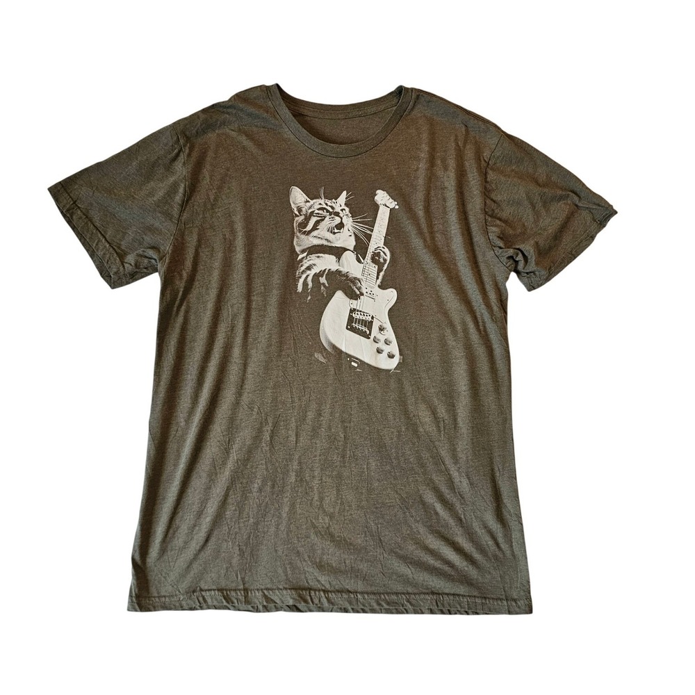 Mens Cat Playing Guitar Graphic T-Shirt Heather Charcoal Grey Rock Music Tee